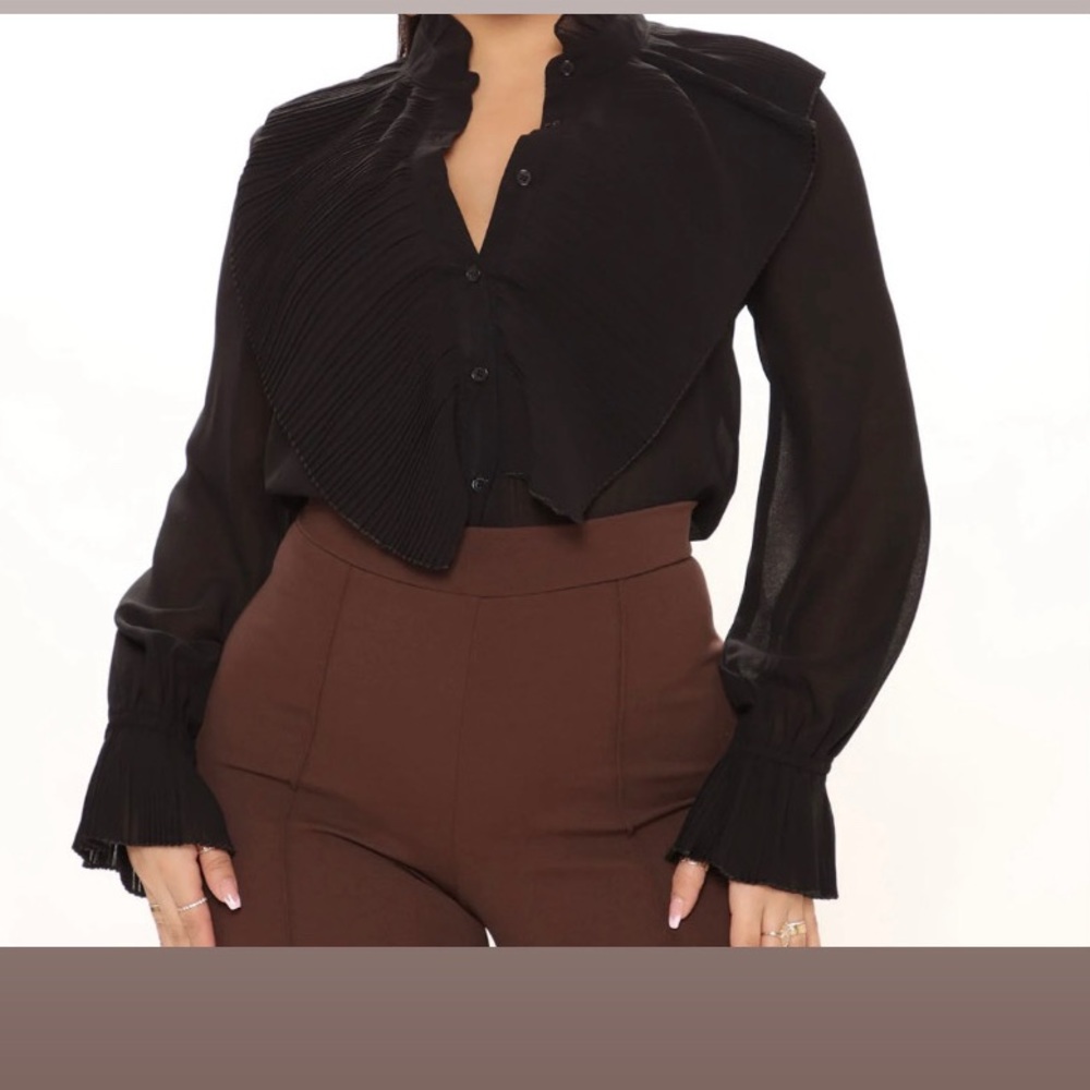 Black button up shirt with ruffle detail
